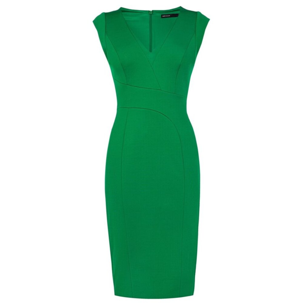 Karen Millen Elegant Bright Green V-Neck Structured Pencil Dress - Size 4